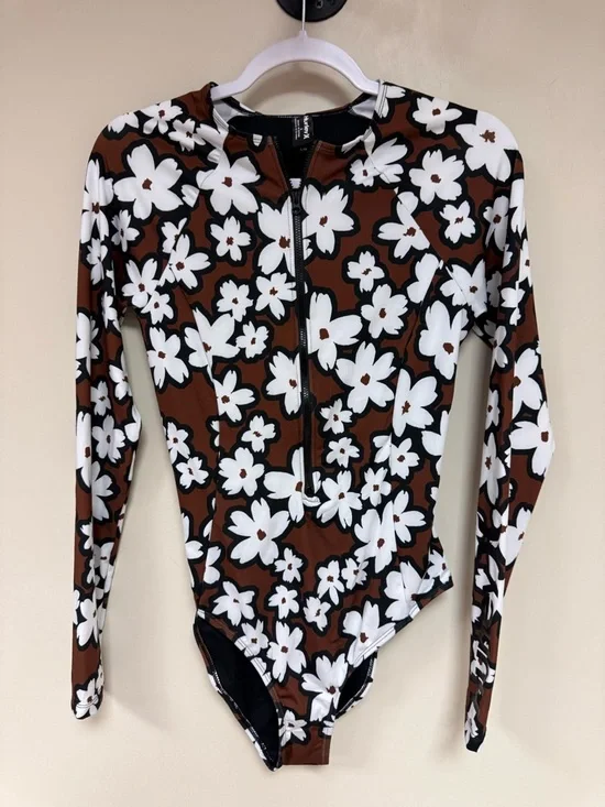 Hurley Brown White DAISY Floral Long-Sleeve One-Piece Swimsuit NEW WITHOUT TAGS - Picture 2 of 8